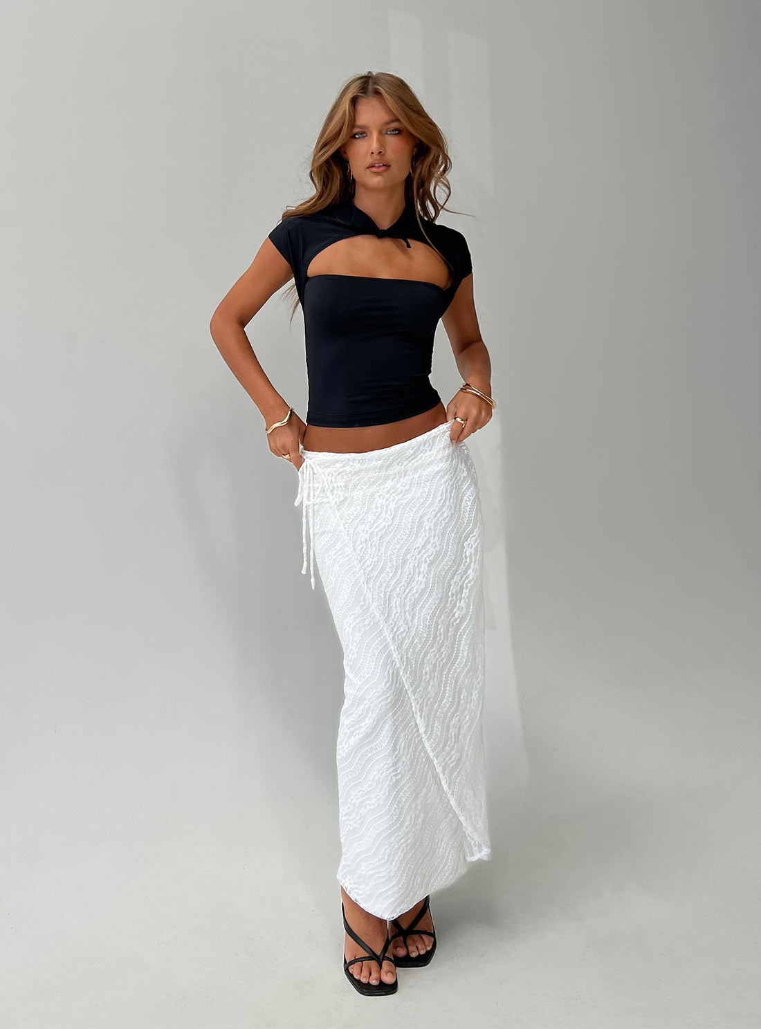 Ring Her Up Lace Wrap Maxi Skirt White