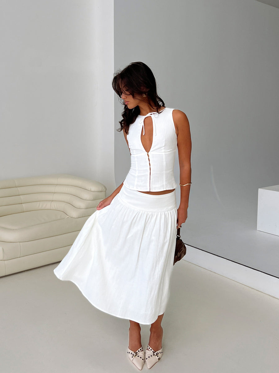 Heart Of Gold Linen Blend Midi Skirt White
