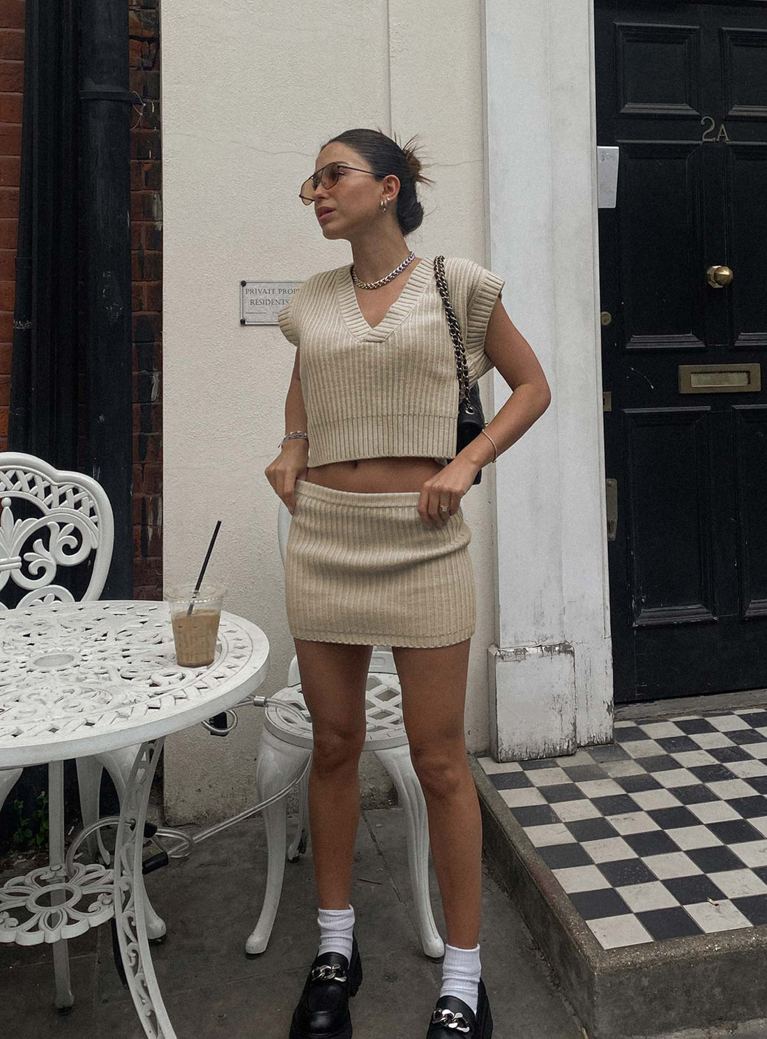 Saddle Knit Mini Skirt Beige