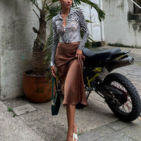 Tyra Satin Midi Skirt Brown